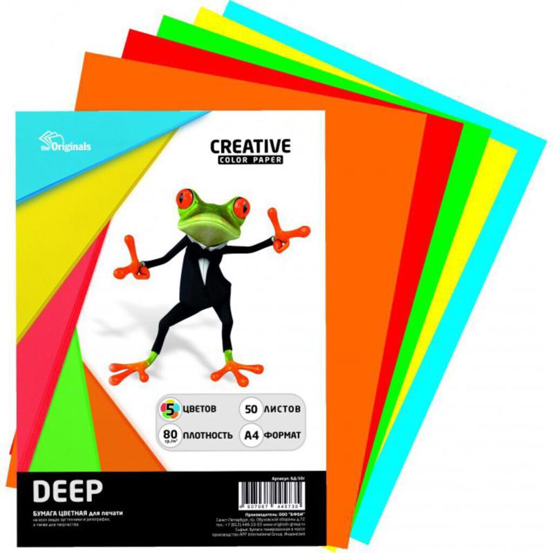 Бумага А4 цветная 50л (5цв. по 10л.) CREATIVE DEEP, микс 80гр/м2 - Элимканц