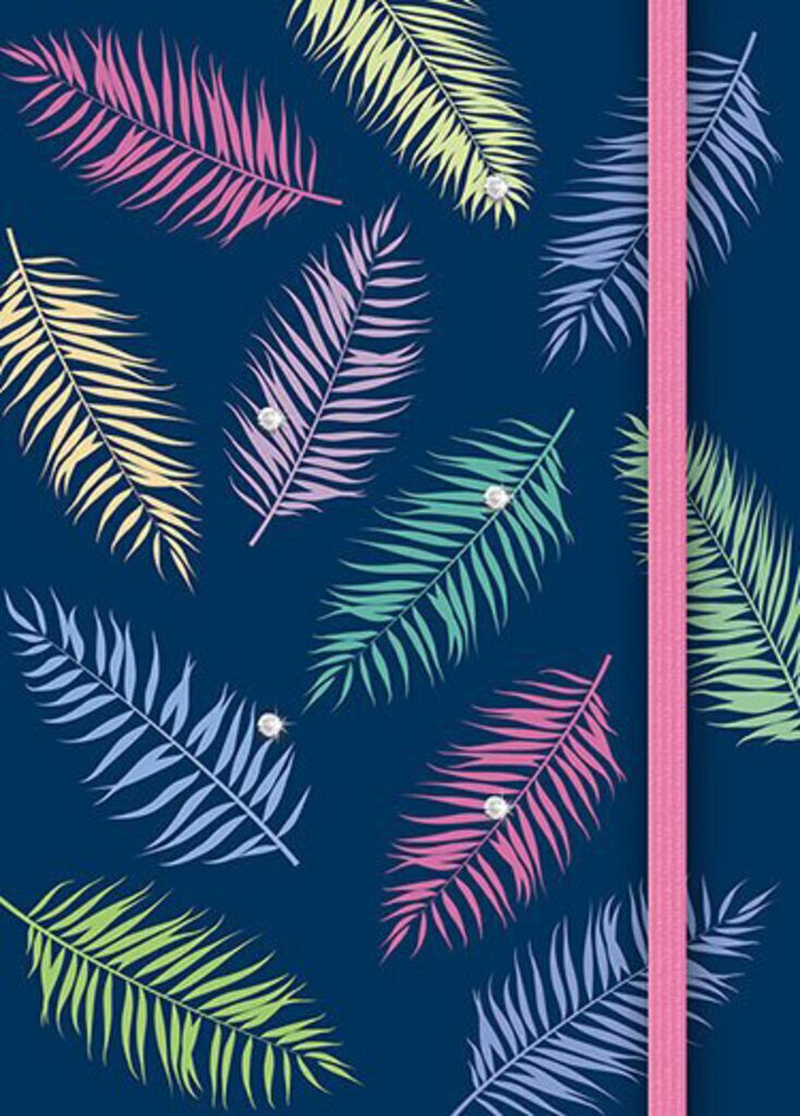 Записная книжка А6   80л. "Тропические листья" 7БЦ, на резинке, стразы, мат.лам.