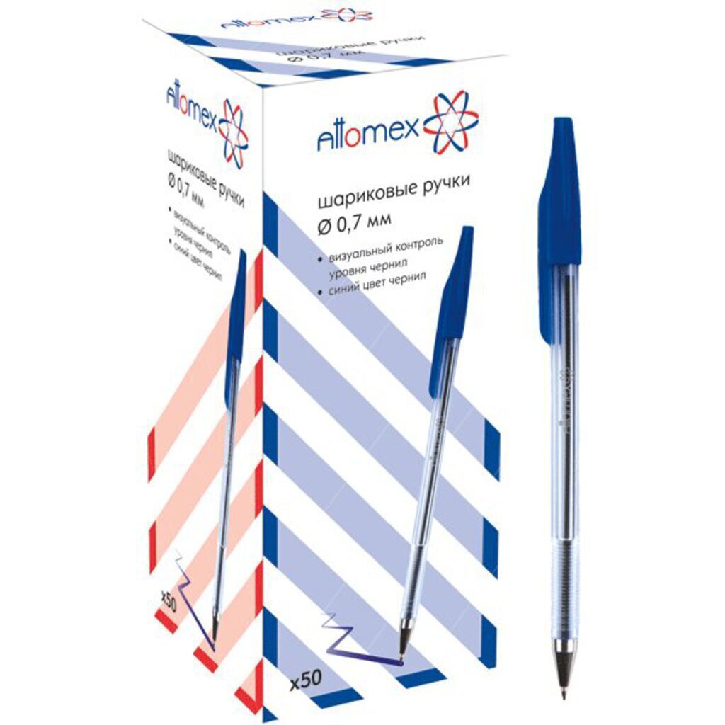 Ручка шар. Attomex, 0,7мм, синяя, прозрачный корпус, метал. наконечник