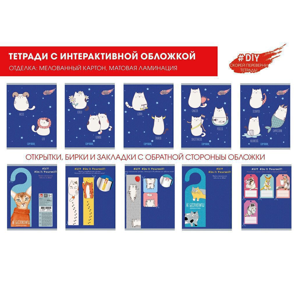 Тетрадь А5  96л  кл., "DIY Collection. Я - кот по гороскопу", мат.лам., ассорти 5 диз.