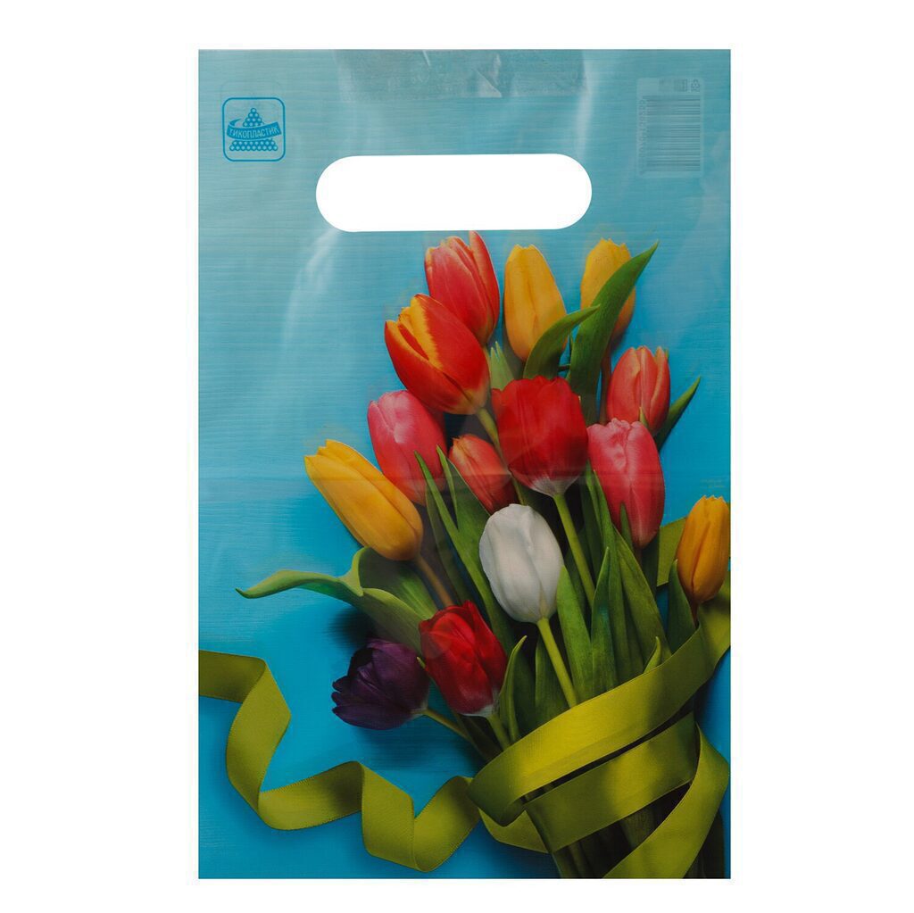 Пакет 30*20см (30мк) с вырубной ручкой "Тюльпаны на голубом" ПВД