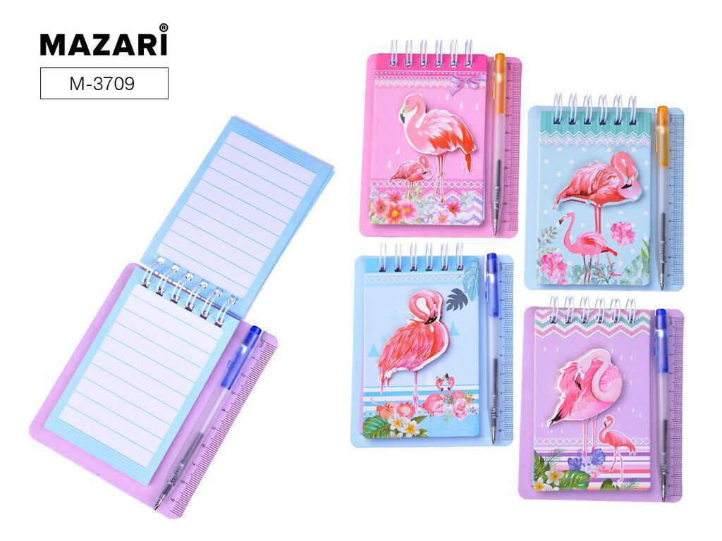 Блокнот Flamingo 9х10,2см 40л спираль, с шар.ручкой, ассорти 4 диз.