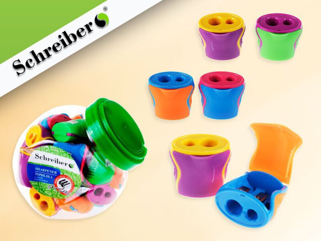 Точилка пласт. с контейнером  2 отв. 38*42 мм, в банке