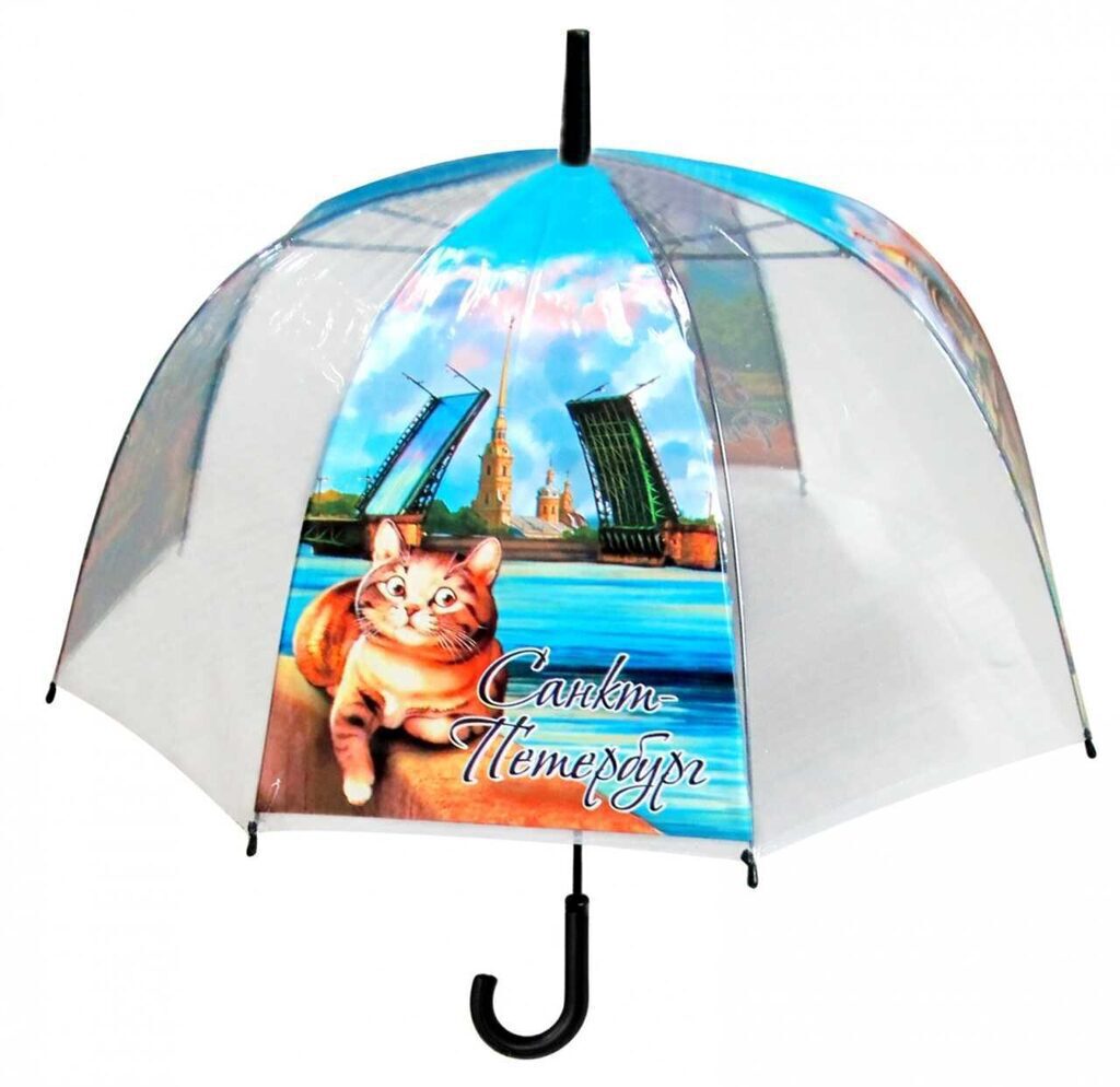 Зонт трость полуавтомат "Котята" прозрачный, цв. рисунок, купол