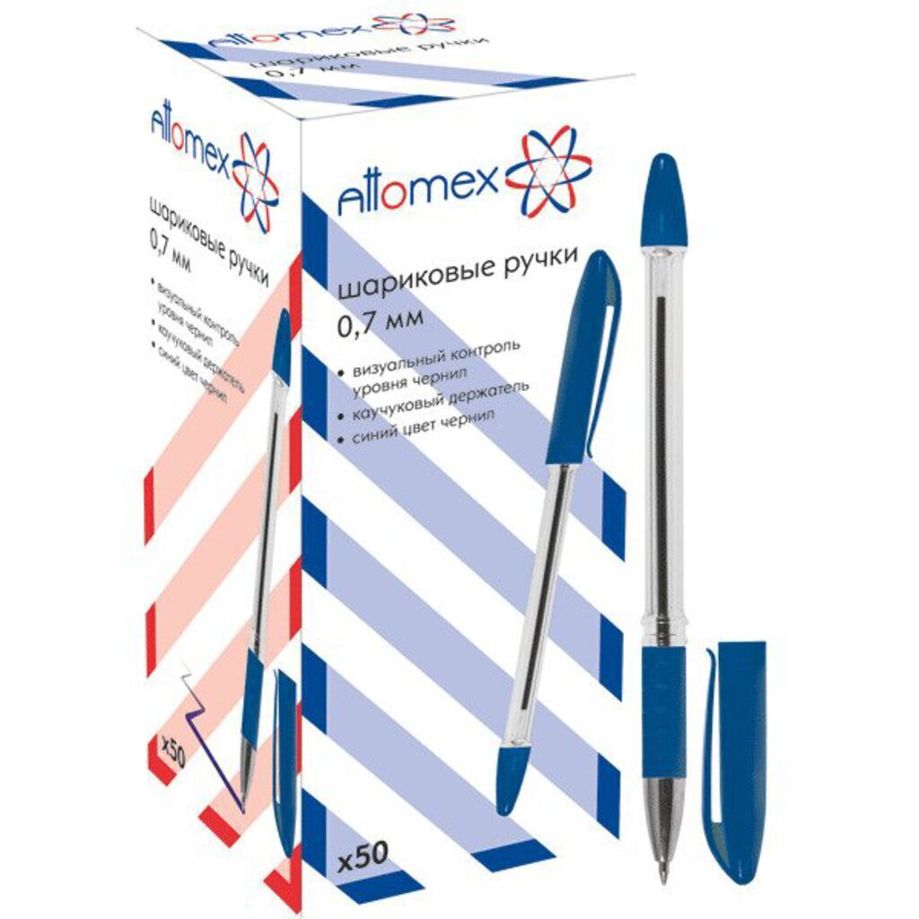 Ручка шар. Attomex, 0,7мм, синяя, грипп, прозрачный корпус