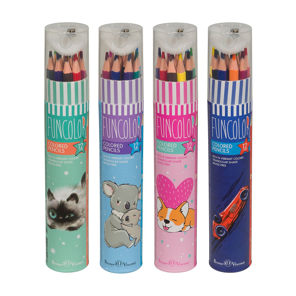 КАРАНДАШИ ЦВЕТНЫЕ "FUNCOLOR" (пластиковые) В КАРТОННОЙ ТУБЕ, 12 ЦВ. 4 ВИДА