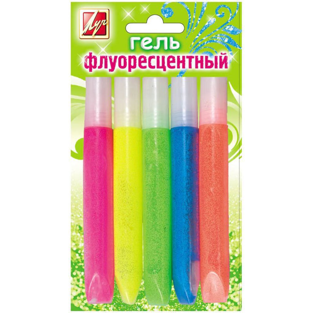 Гель цветной с блестками  5цв*10мл., Флуоресцентный (алый, зеленый, желтый, розовый, оранжевый)