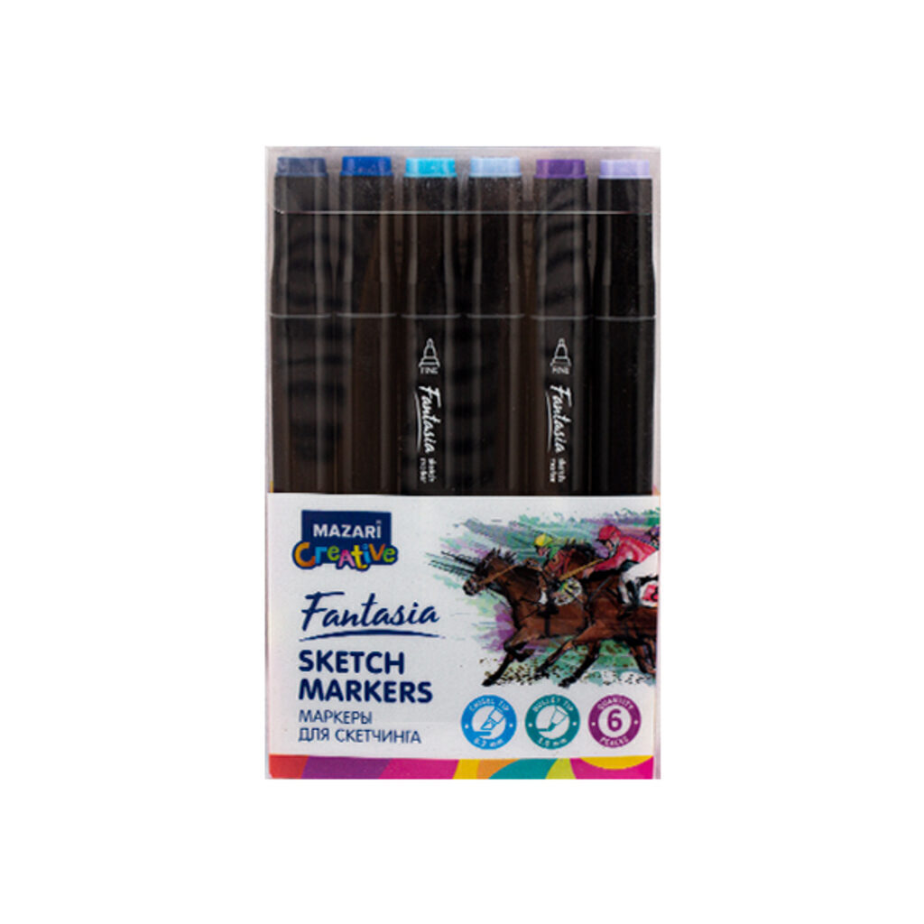 Набор маркеров для скетчинга  6цв. FANTASIA. Blue colors, двусторон., 3,0-6,2мм