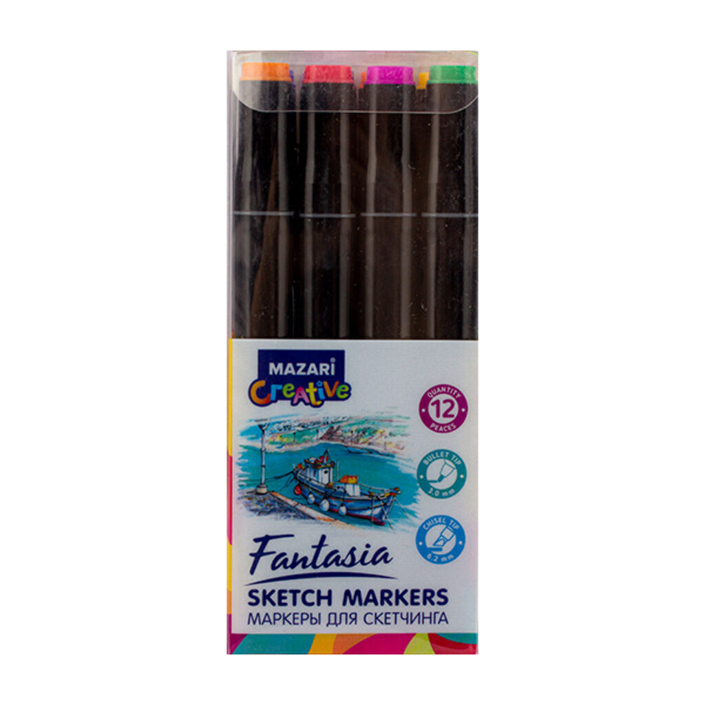 Набор маркеров для скетчинга 12цв. FANTASIA. Main + Fluorescent colors, двусторон., 3,0-6,2мм