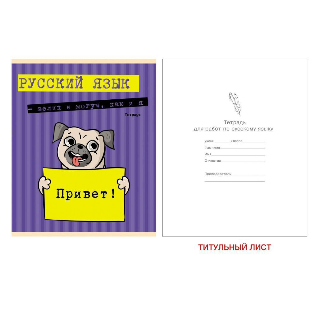 Тетрадь предметная А5 Русский язык, "Приключения мопса" 48л, выб.лак., лин.