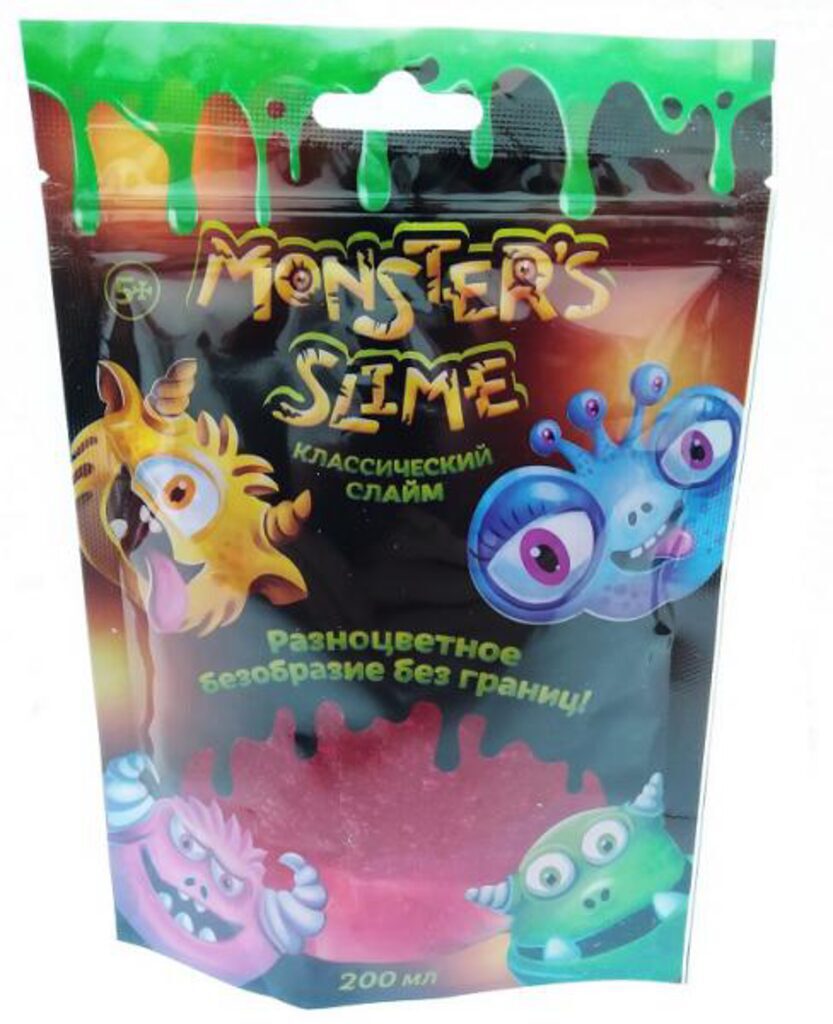 Слайм "Monster's Slime" 200гр Классический (Doy Pack) ассорти 5 цветов