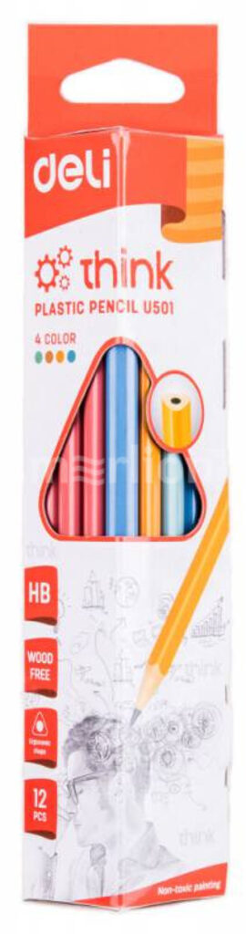 Карандаш Deli HB Think трехгранный, пластик., корп. ассорти