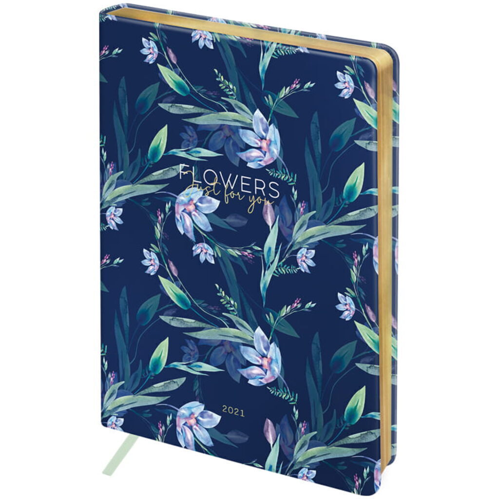 Ежедневник дат. 2021г А5 Romance.Blue flowers 176л., тв.обложка, кожзам, ляссе, 80г/м2