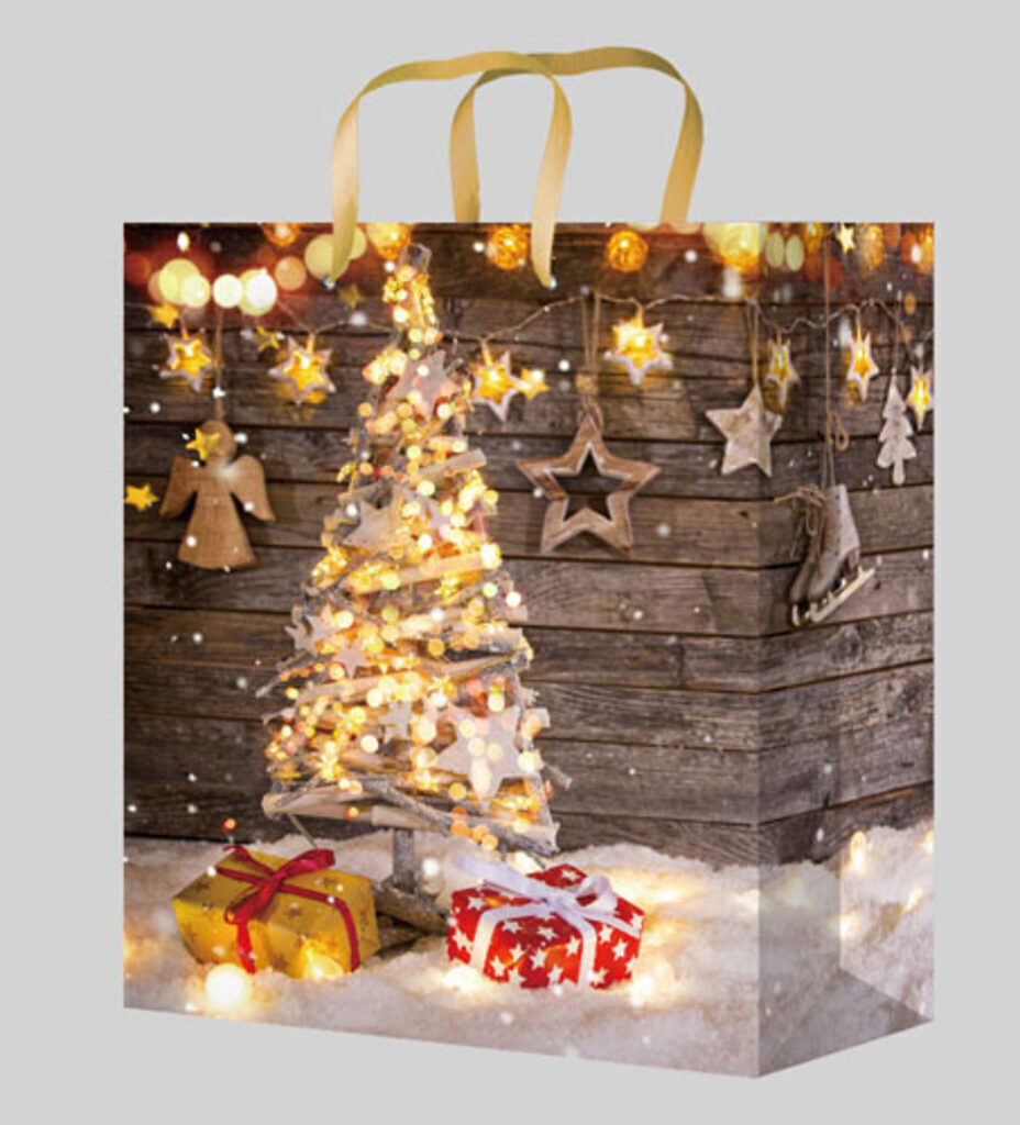 Пакет подар. бум. новогодн. 11*14*6см Ёлочка с подарками