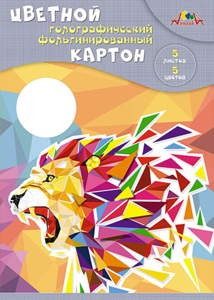 Картон цв. А4  5цв. 5л. мелов., одностор., голограф., пл. 265 гр/м2, в папке