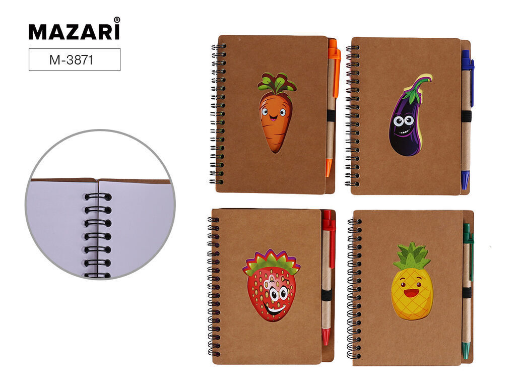Блокнот FUNNY FRUITS AND VEGS 8*13см 70л спираль, с ручкой, ассорти 4 диз.