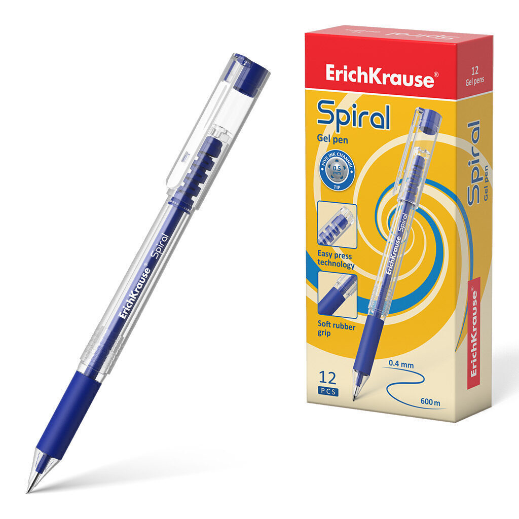 Ручка гелевая EK Spiral синяя 0,5мм, прозр. корпус