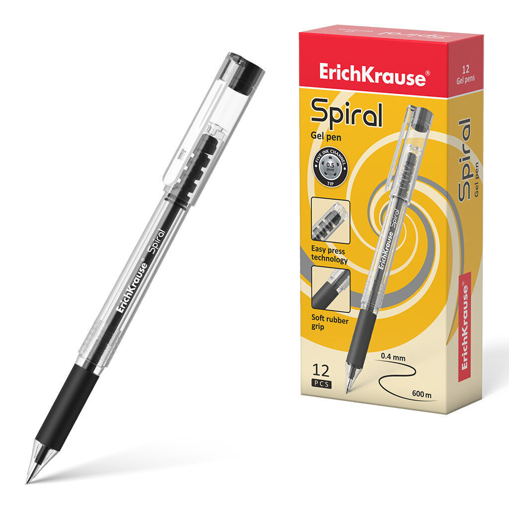 Ручка гелевая EK Spiral черная 0,5мм, прозр. корпус