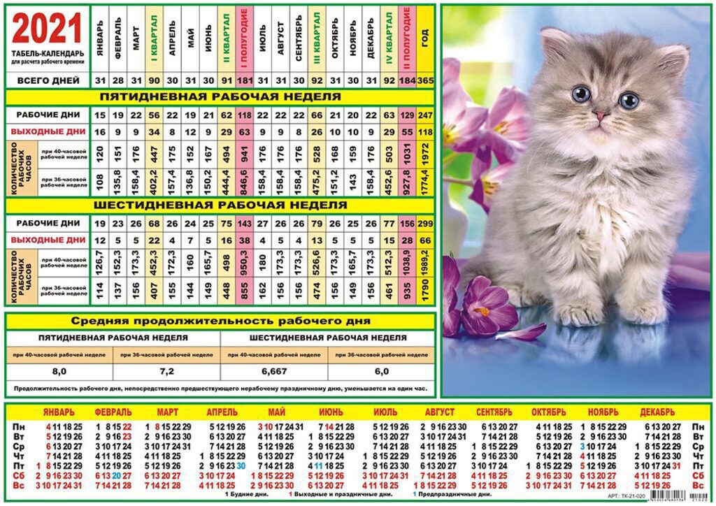 Календарь-ТАБЕЛЬ на 2021г., 290*210мм, Котята