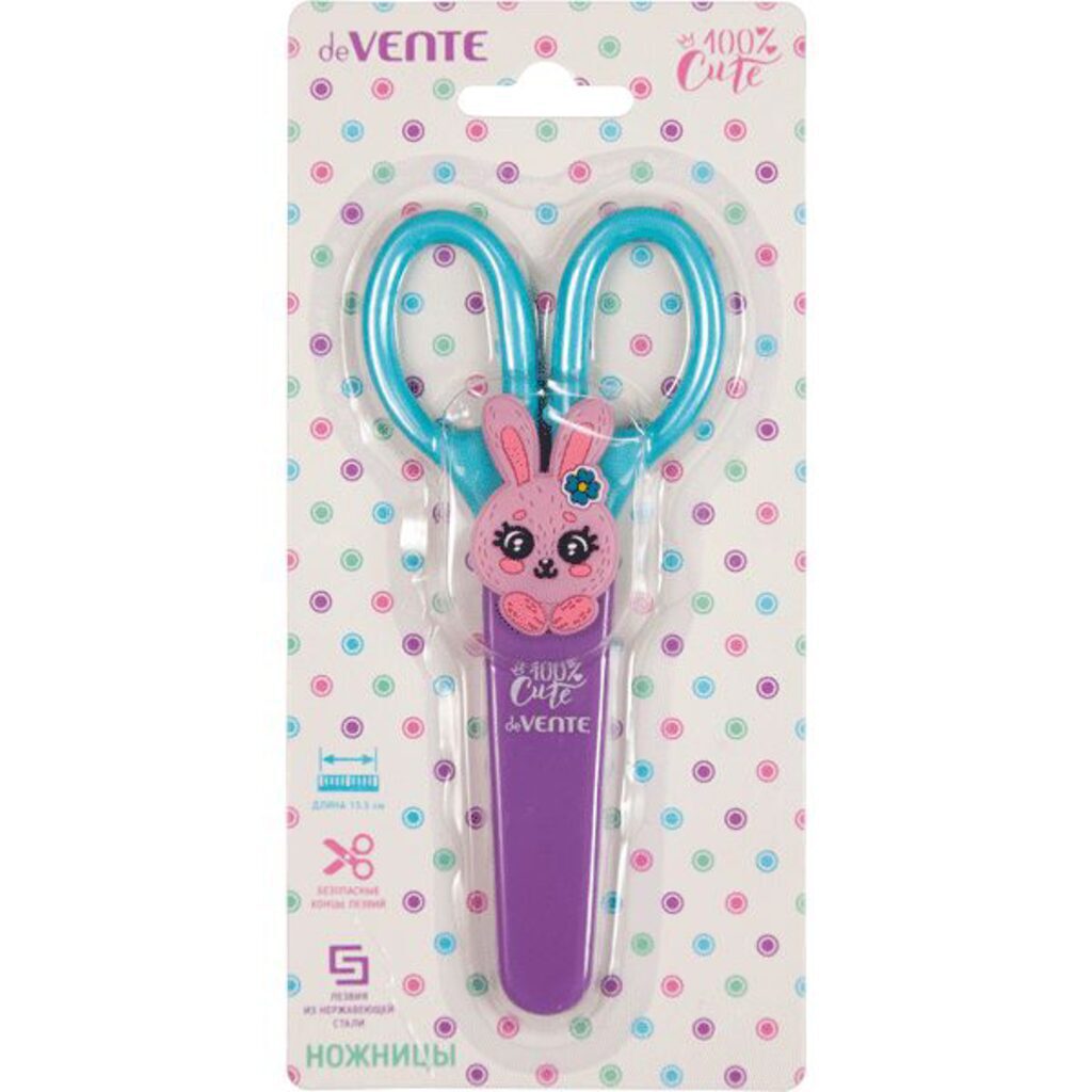 Ножницы детские "deVENTE. 100% Cute. Rabbit"  13,5см, пластик.кольца , защит.футл,блистер