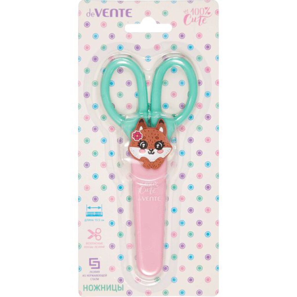 Ножницы детские "deVENTE. 100% Cute. Foxt"  13,5см, пластик.кольца , защит.футл,блистер