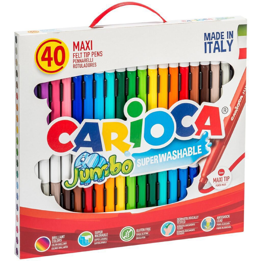 Фломастеры Jumbo 36цв/40шт "Carioca", смываемые, карт.коробка с ручкой
