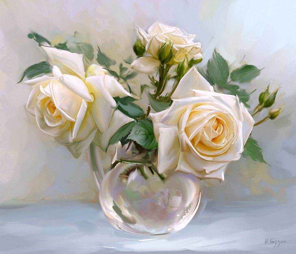 Мозаика алмазная по номерам 30*40см "Белые розы" Бузин И.