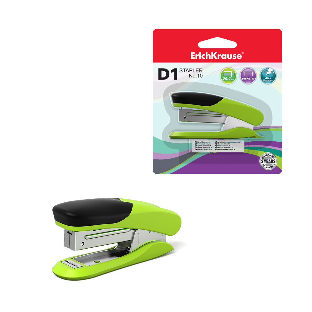 Степлер №10 в комплекте со скобами ErichKrause D1 до 20 листов, ассорти (в блистере по 1 шт.)