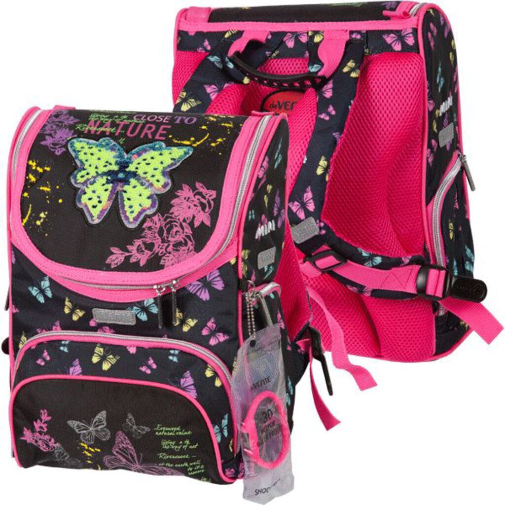 Ранец школьный 36*26*20см Mini. Neon Butterfly полиэстер,  1 отд на замке, 3 карм, светоотр. 800гр