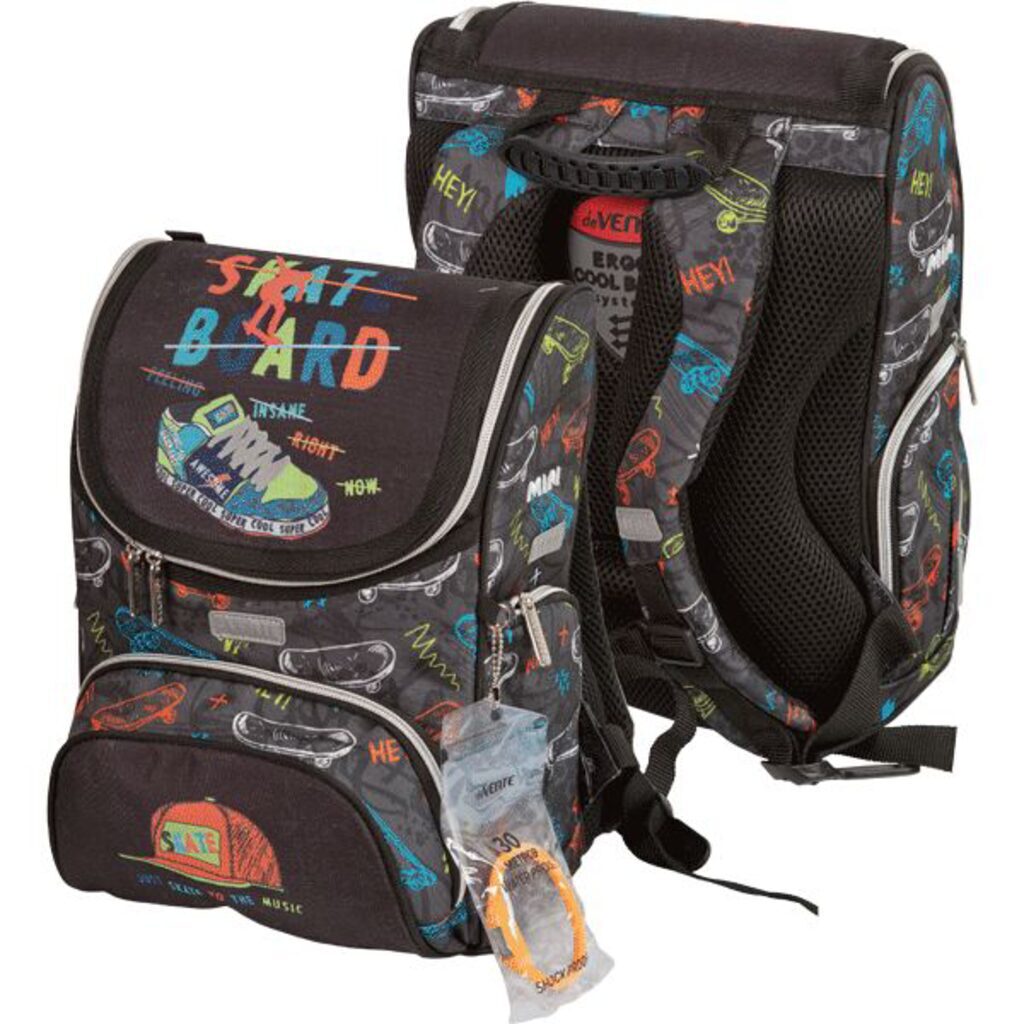 Ранец школьный 35*26*20см Mini. Skateboard полиэстер,  1 отд на замке, 3 карм, светоотр. 800гр