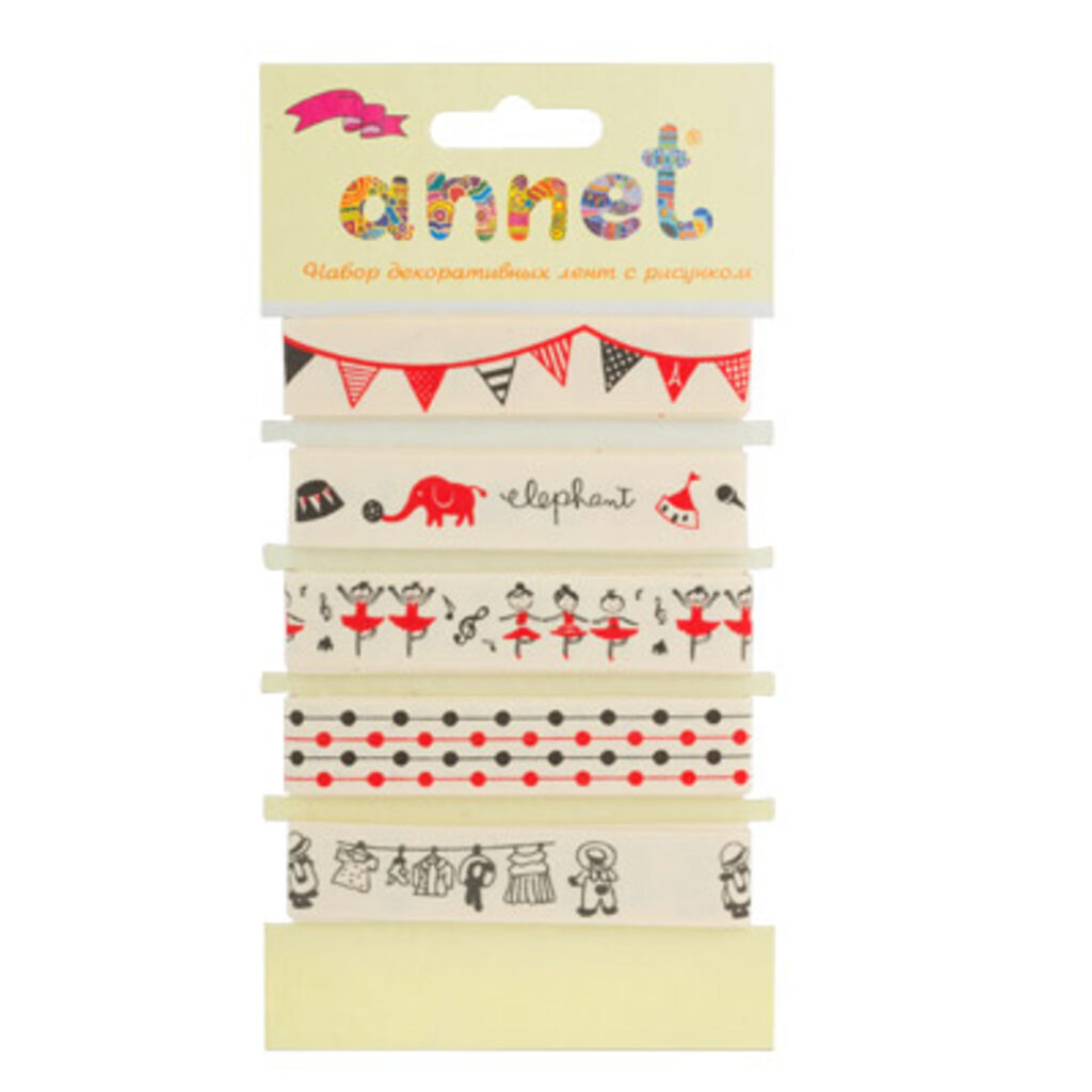Ленты декоративные 5шт, 1 м, с рисунком, 100% хлопок