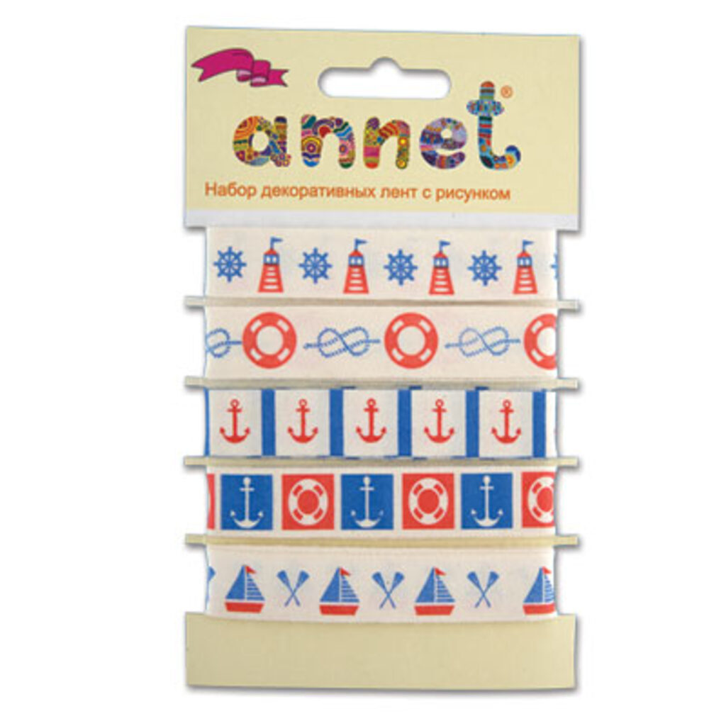 Ленты декоративные 5шт, 1 м "Морские сюжеты" с рисунком, 100% хлопок