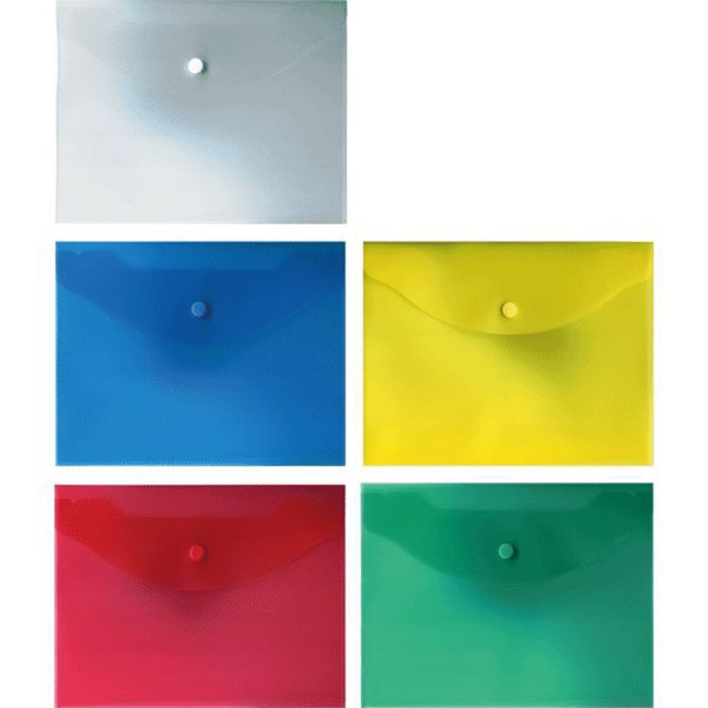 Конверт на кнопке А5+ (190*240 мм) 0,15мм полупрозрачный ассорти (полупр., красн, син., зел., желт.)