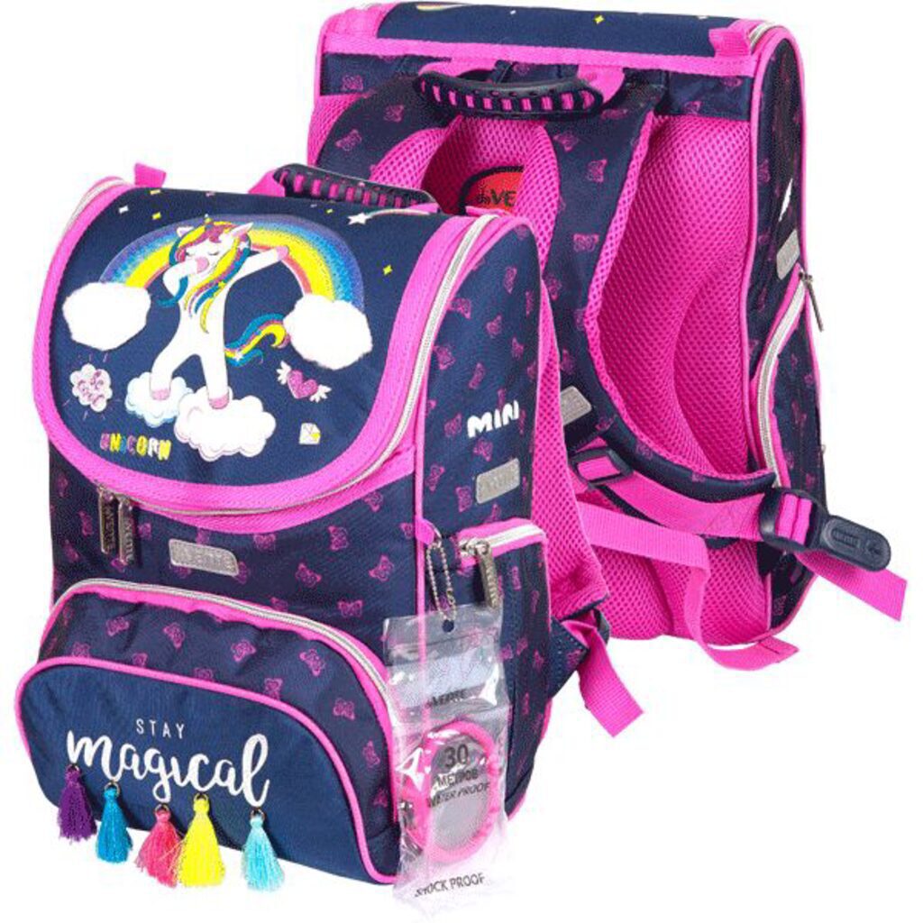 Ранец школьный 35*26*20см Mini. Magic Unicorn" полиэстер,  1 отд на замке, 3 карм, светоотр. 800гр