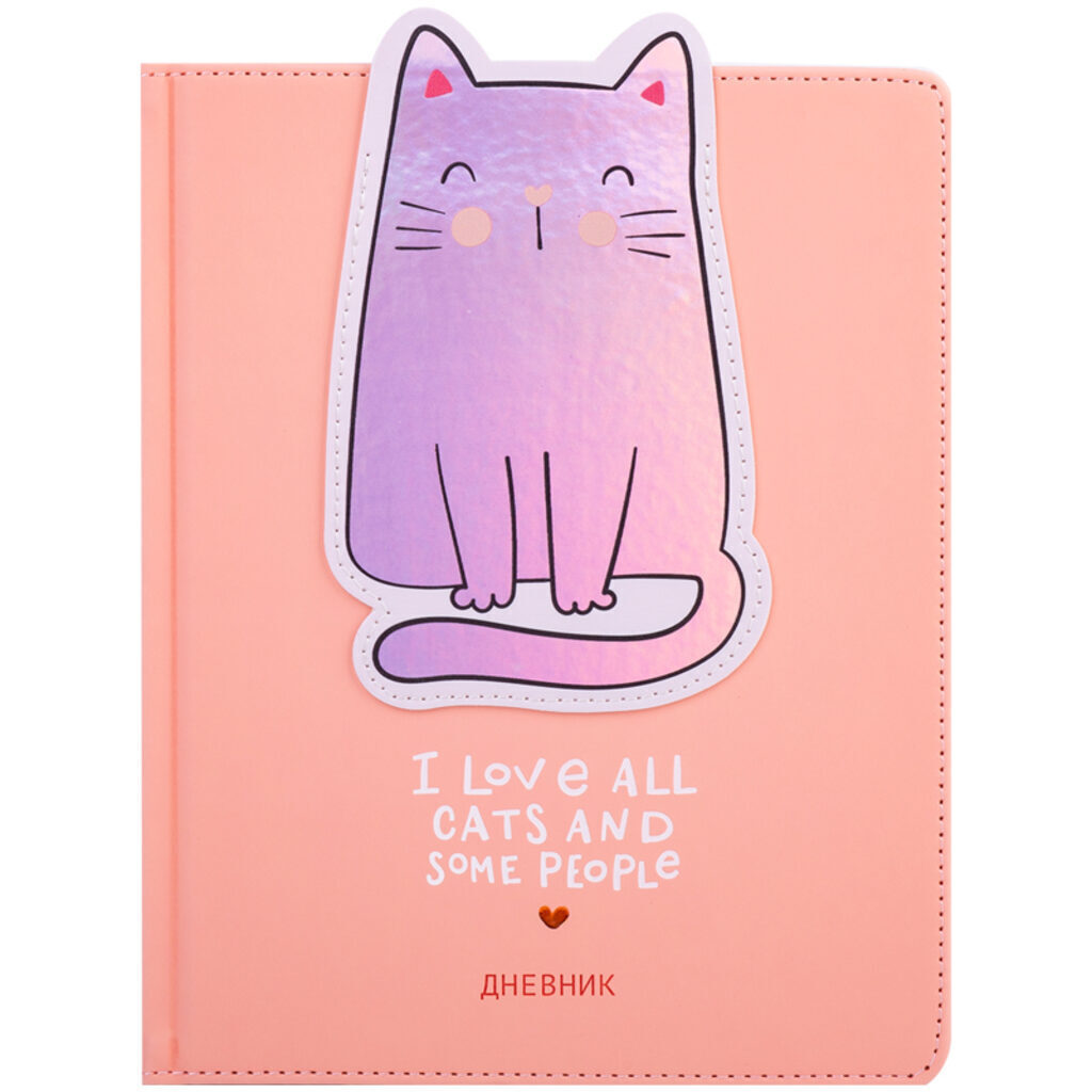 Дневник универсальн. обл. кожзам  "Nice cat"  тверд. пер.аппликация, тон.блок,  ляссе, 48л