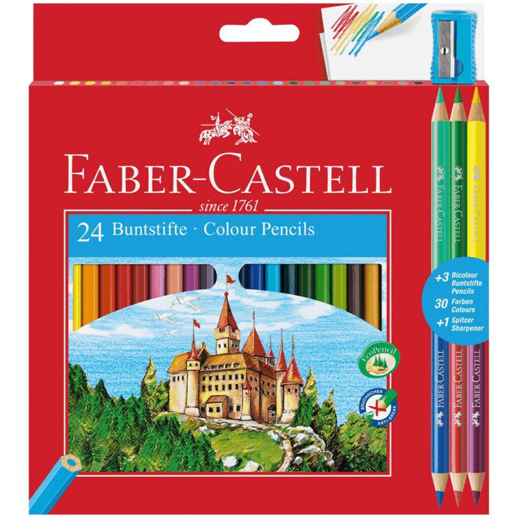 Карандаши цвет. 24цв  Faber-Castell  Замок , шестигр., заточен.,+6цв.круг.формы+ точилка