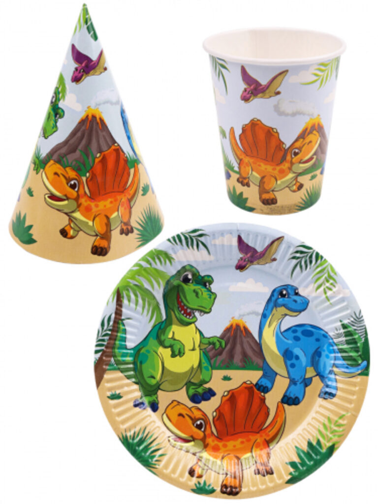 Набор для праздника  "Динозавры"  тарелка 6шт, стаканы 6 шт, колпаки 6 шт