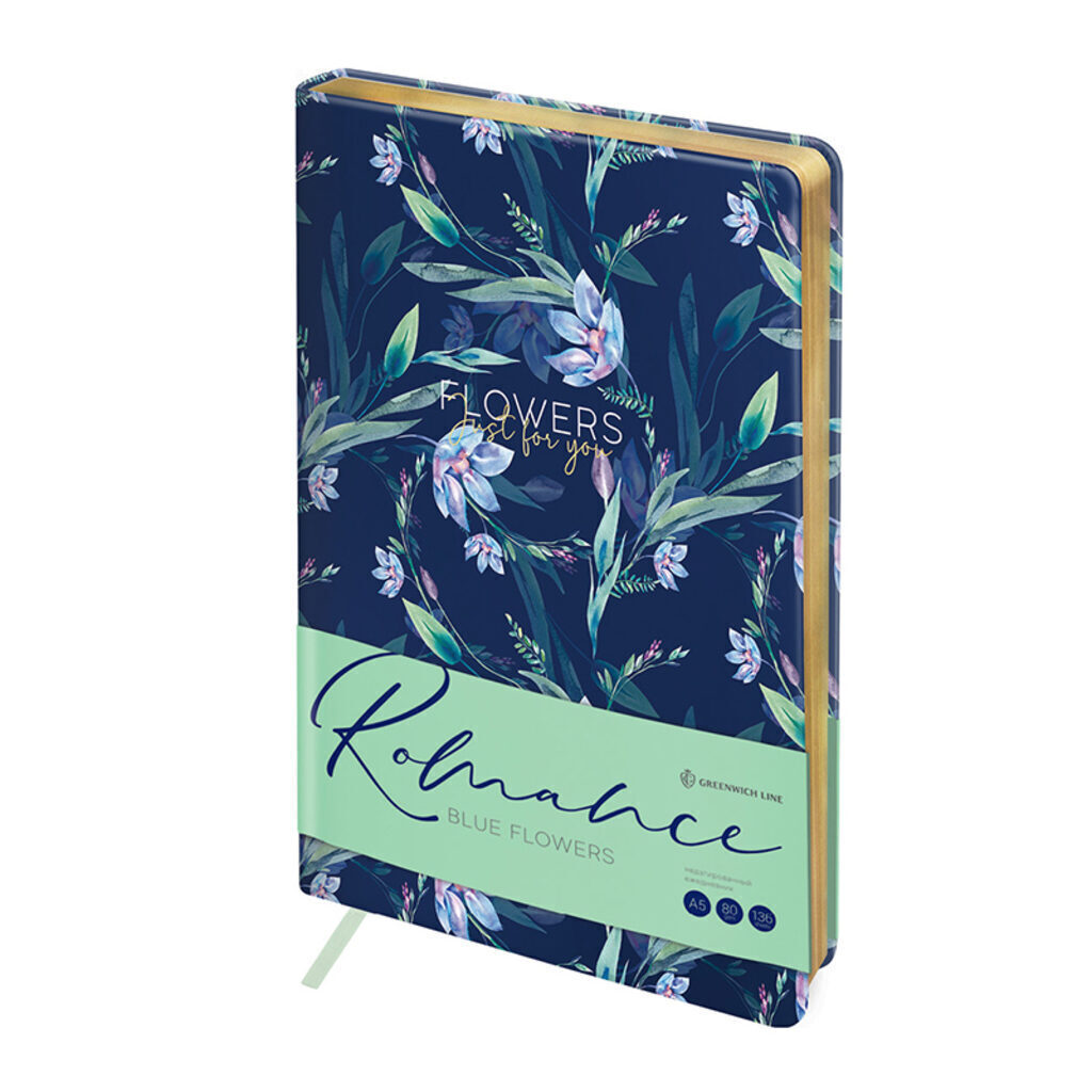 Ежедневник недат. A5 (148*210) "Romance. Blue  flowers" 136л, кожзам, тв. обложка, 80г/м2, ляссе