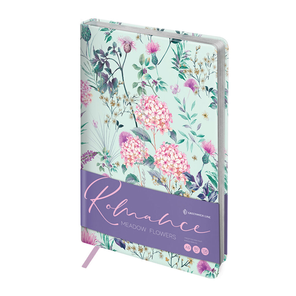Ежедневник недат. A5 (148*210) "Romance. Meadow  flowers" 136л, кожзам, тв. обложка, 80г/м2, ляссе