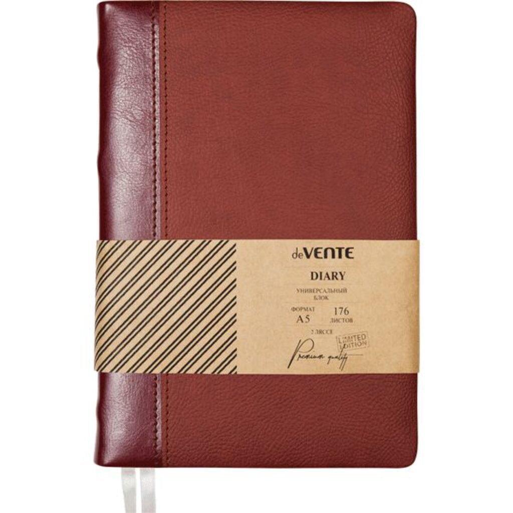 Ежедневник недат. А5 deVENTE Klint 320стр., бордовый, тв.обл.,кожзам., ляссе, 70гр/м2
