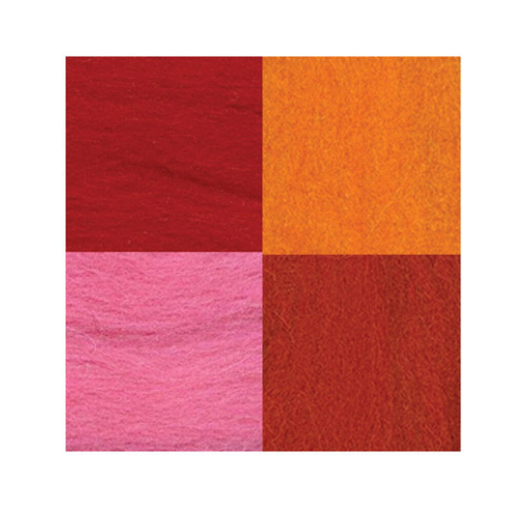 Набор шерсти для валяния мерисовая 100% "Ассорти" 4шт*10гр, красный, бордовый, желтый, розовый
