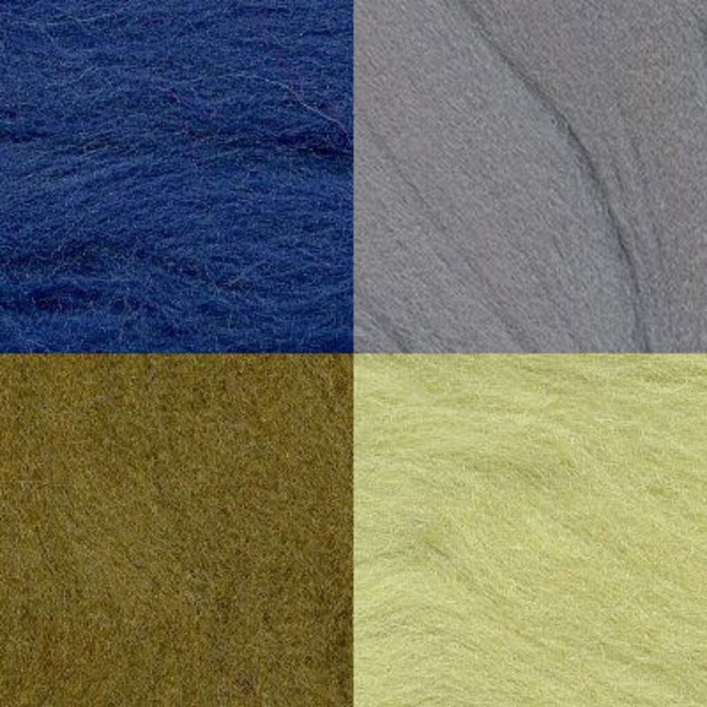 Набор шерсти для валяния мерисовая 100% "Ассорти" 4шт*10гр, синий, серый, болотный, оливковый