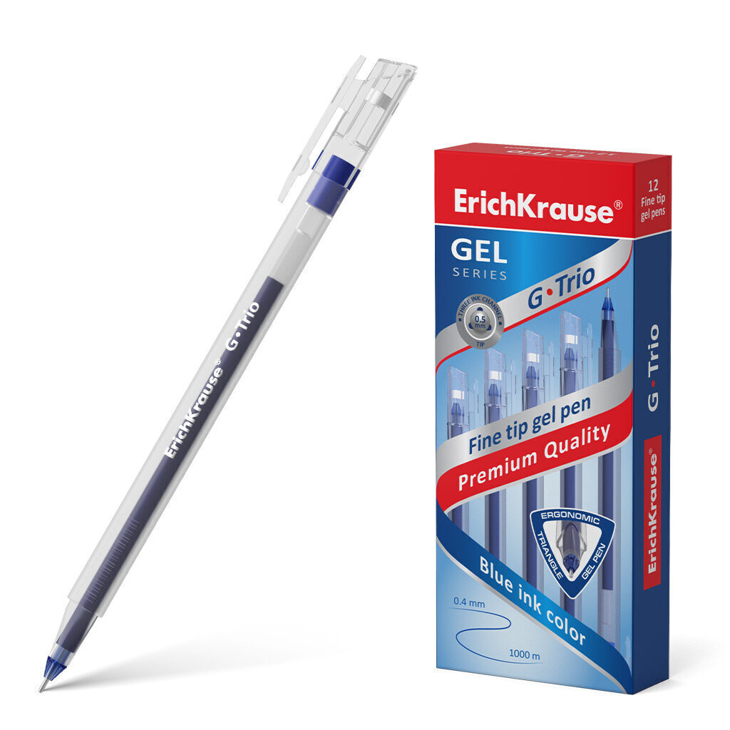 Ручка гелевая EK G-Trio синяя, 0,5мм, трехгранный корпус, игольч. наконечник