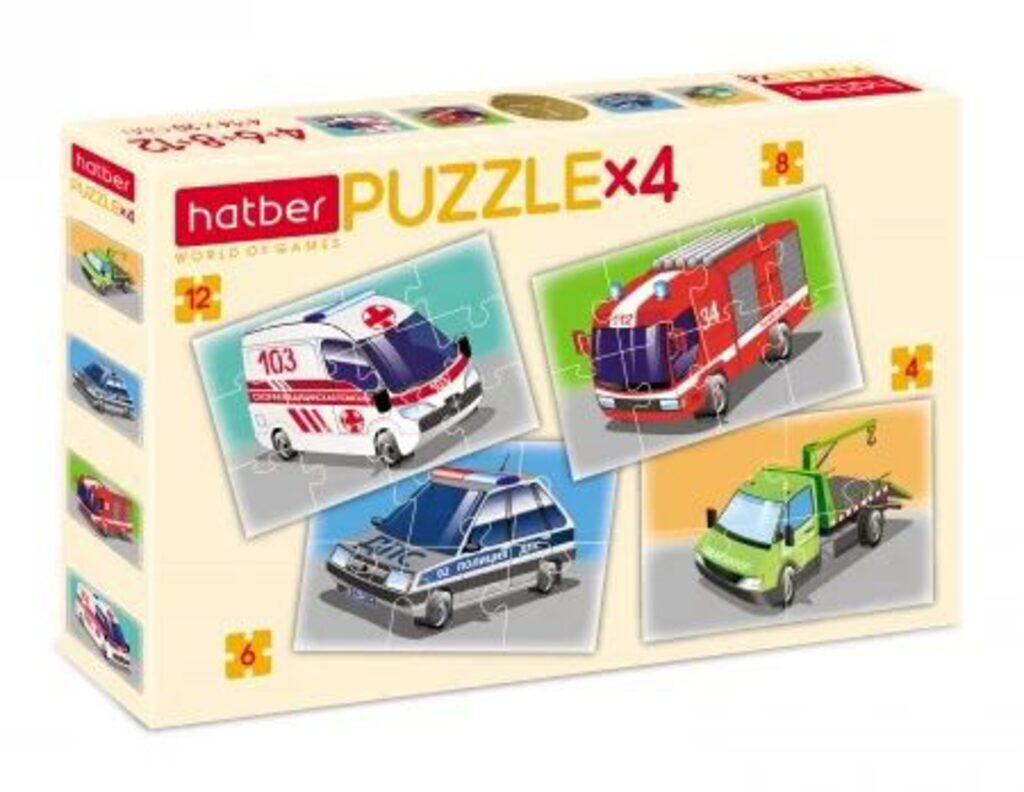 Пазл 4в1 200*140мм.  4+6+8+12 элементов "Служебные авто"
