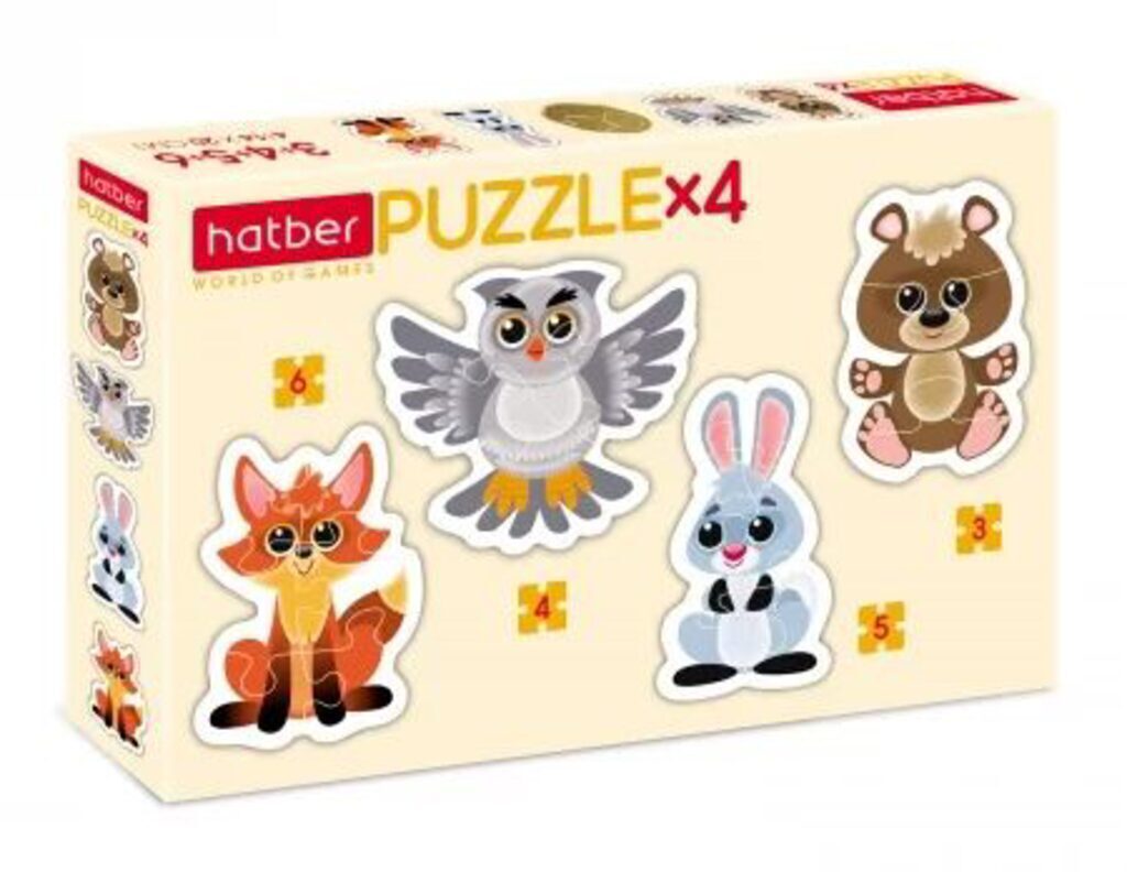 Пазл 4в1 200*140мм.  3+4+5+6 элементов "Лесные звери"