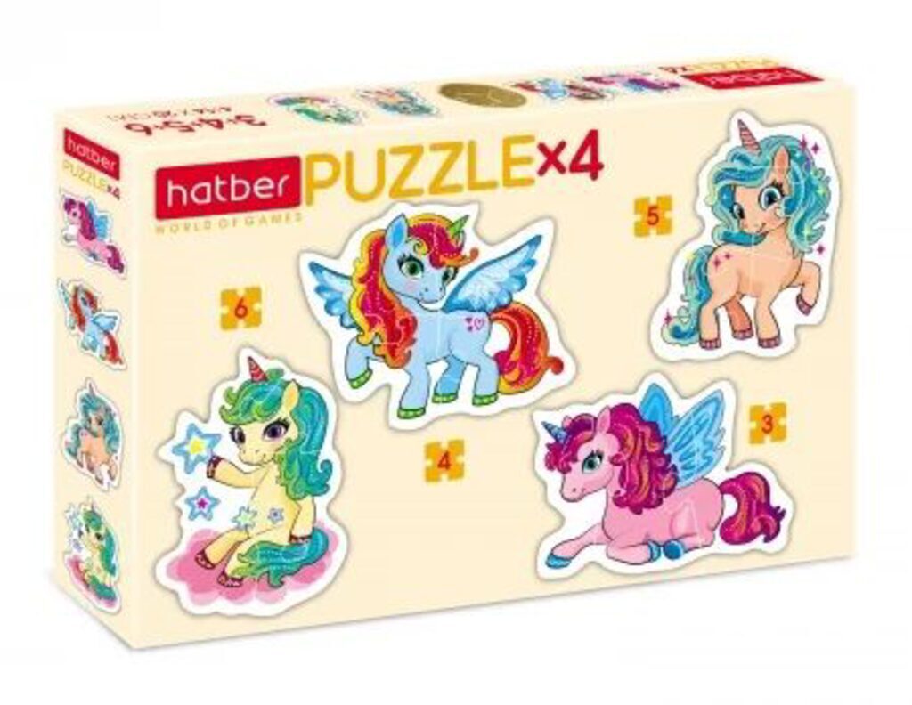 Пазл 4в1 200*140мм.  3+4+5+6 элементов "Единорожки"