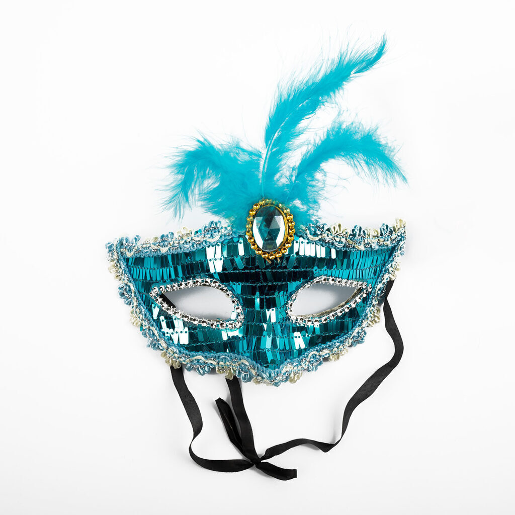 Карнавальная маска голубая с перьями