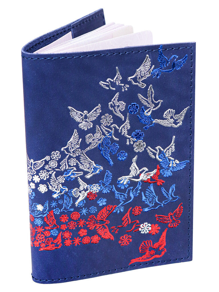 Обложка для Паспорта натуральная кожа Летящий Флаг, синий, тиснение тремя цветами