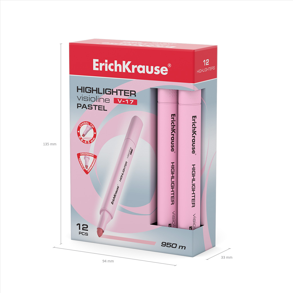 Текстмаркер ErichKrause Visioline V-17 Pastel, цвет чернил розовый (в коробке по 12 шт.)