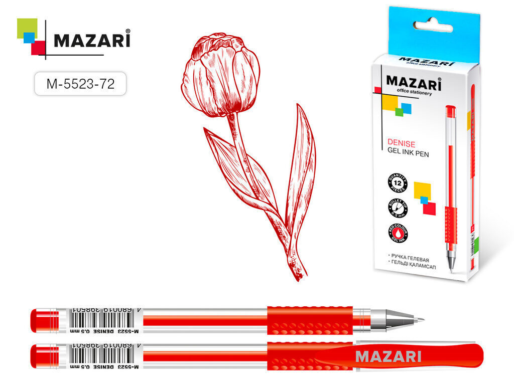Ручка гелевая MAZARI DENISE красная, 0,5мм, прозр.корпус, рез.грип